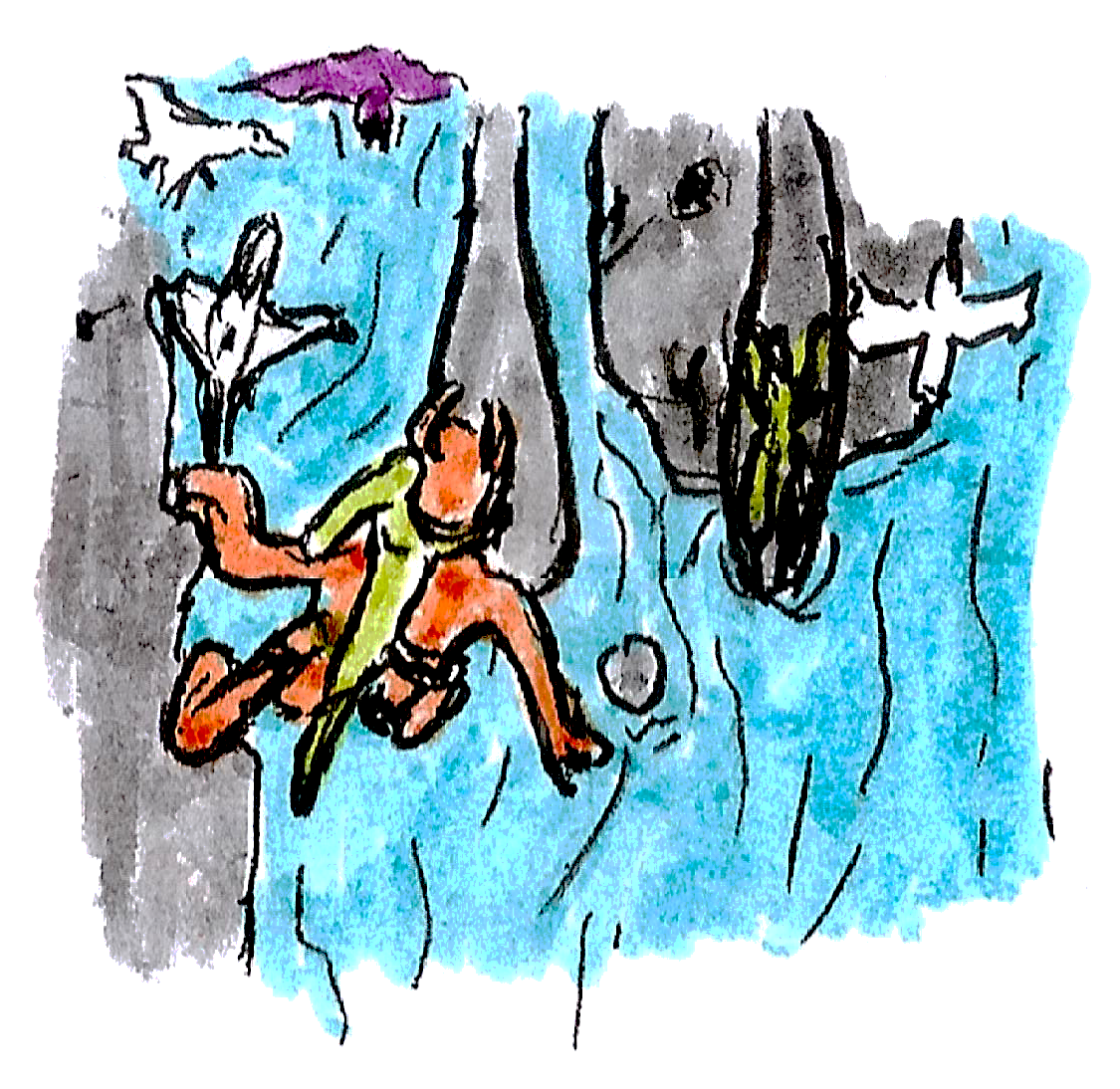 "Felsnadeln, zwei fliegende Windlinge, ein kletternder Echsenmensch, ein springender Troll mit dem Echsenmensch auf dem Rücken."