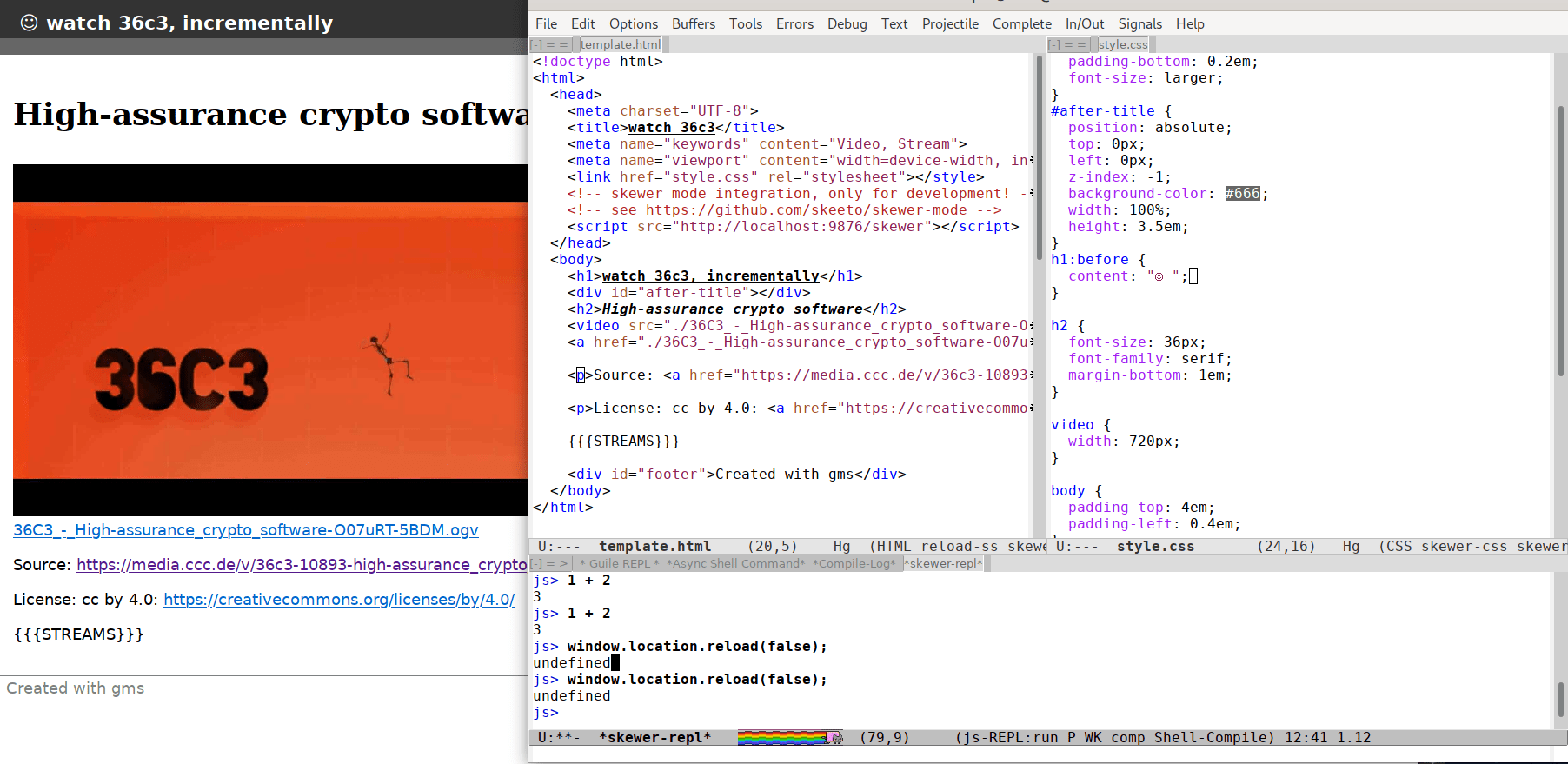 Screenshot of Skewer-mode for writing a website template
